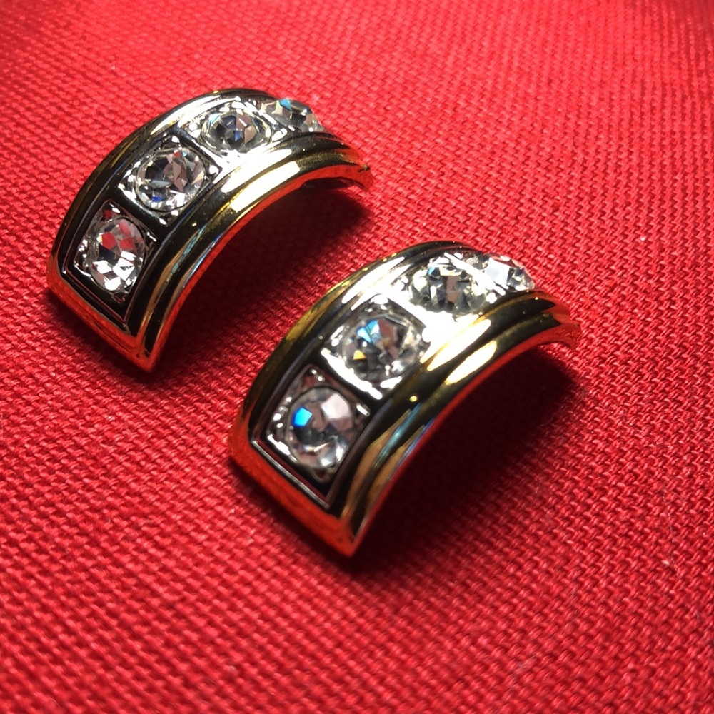 Rhinestone and Gold Toned Curved Pieced Earrings